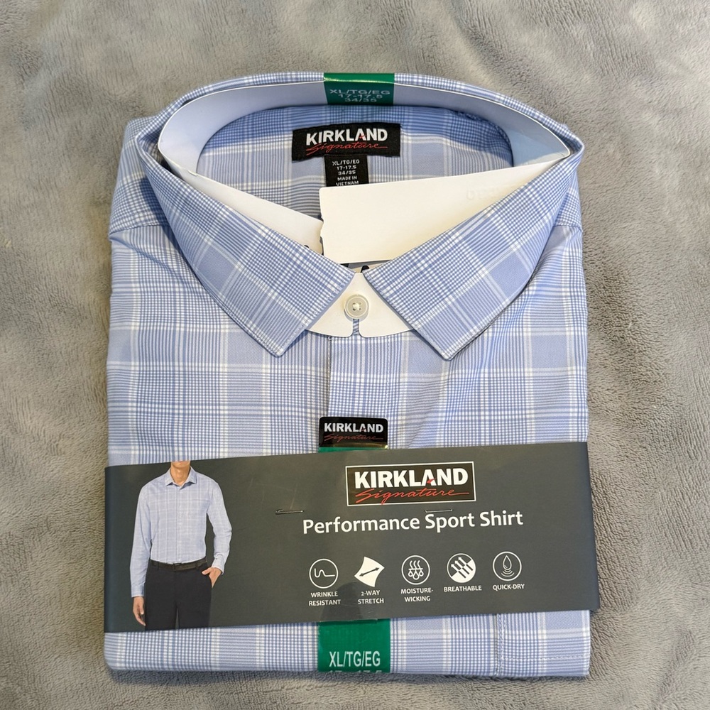 Kirkland Signature Light Blue Plaid Performance Dress Shirt